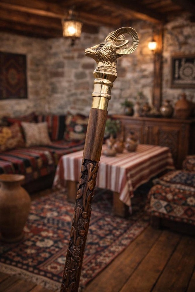 Brass Ram deer Head Walking Wooden Cane Stick Vintage Style Personalised gift