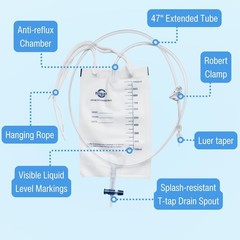 4 Pack 1000ml Nephrostomy Bag Urine Drainage Bag 47″ Silicone Tube T-Tap