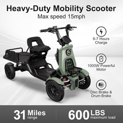 1000W Heavy Duty 4-Wheel Electric Mobility Scooter w/Cargo Platform 15MPH 600LBS