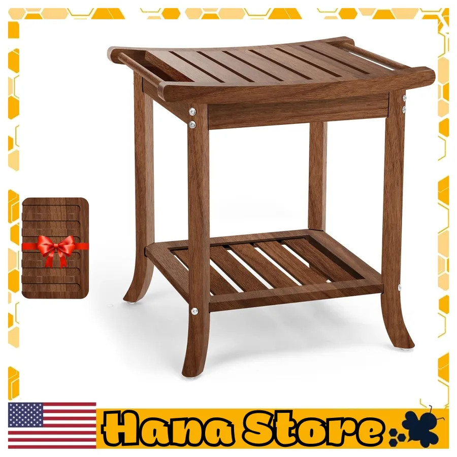 Teak Wood Shower Bench with Storage Shelf Waterproof Spa Bathroom Seat Stool