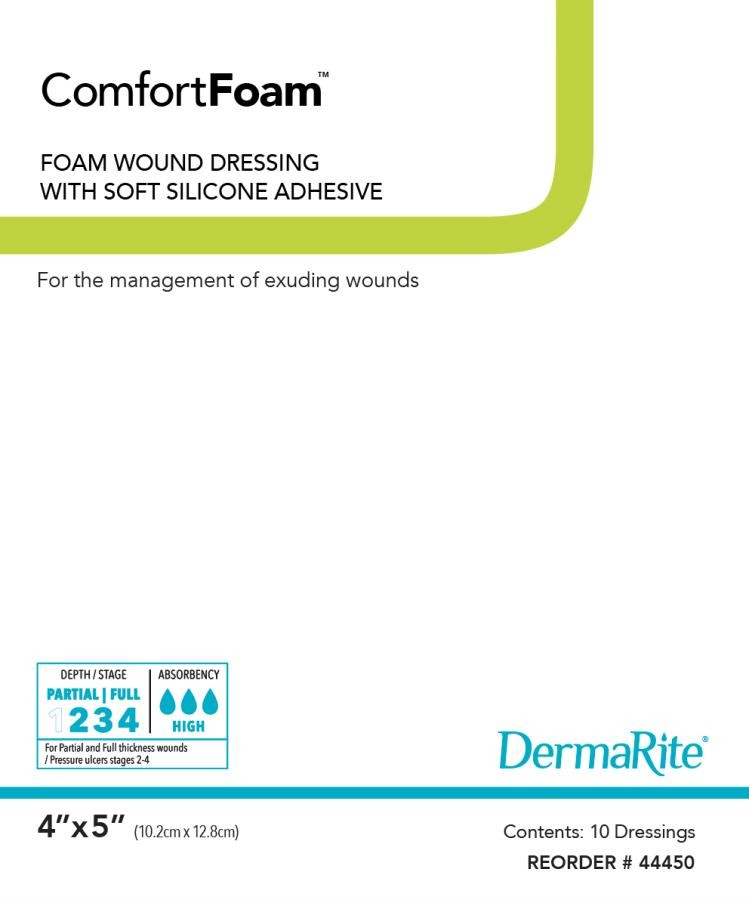 ComfortFoam Silicone Foam Dressing, Rectangle, 4 x 5 in, 10 Count, 44450
