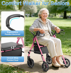 Walkers for Seniors with Seat, Pink Rollator, 16 lb, Adjustable, 22″ Wide