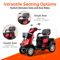 1000W Dual Seat Heavy Duty Senior Mobility Scooter 500lbs 15MPH 36 Miles 60V/20A