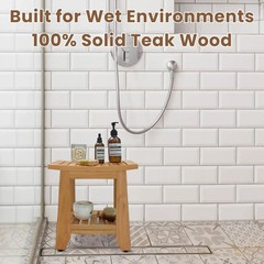 Compact Teak Shower Bench with Storage Shelf – Waterproof & Non-Slip Seat