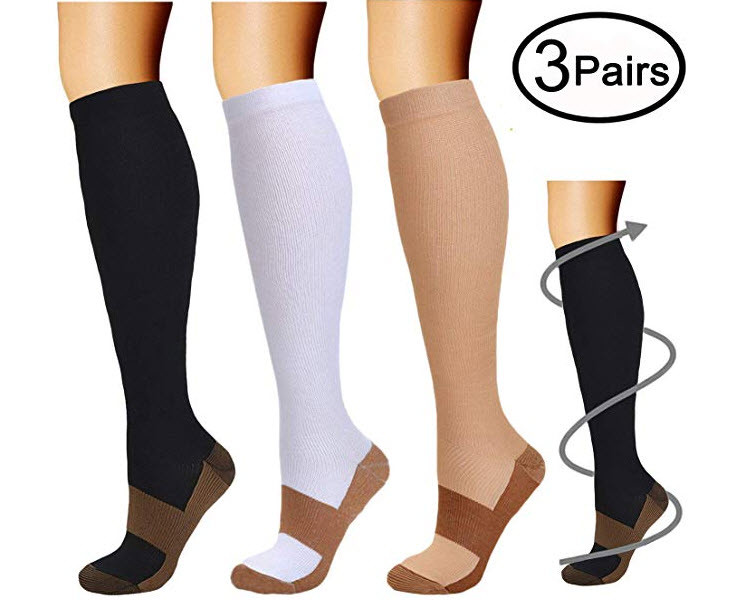 (3 Pairs) Copper Infused Compression Socks 15-20mmHg Graduated UNISEX S-XXL