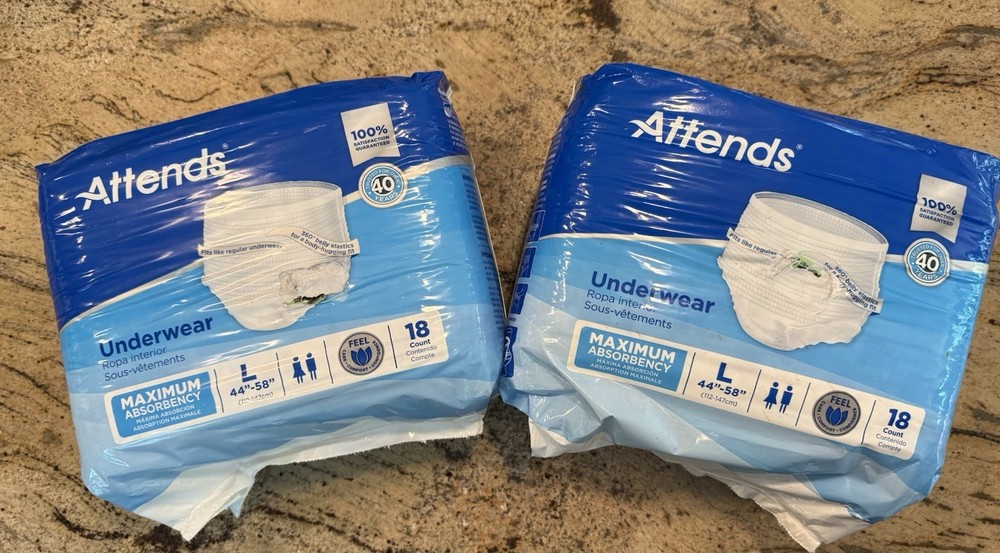 Lot Of 2 Attends Lg Underwear AP0730 Heavy 12 (24 Total)Count 44”-58″ Disposable