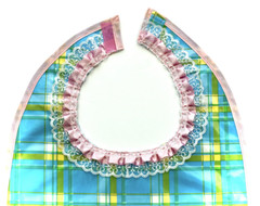 Adult Dining Oilcloth Bib,Blue Plaid,Pink Lace Collar,Loop&Hook Closure,2Pockets