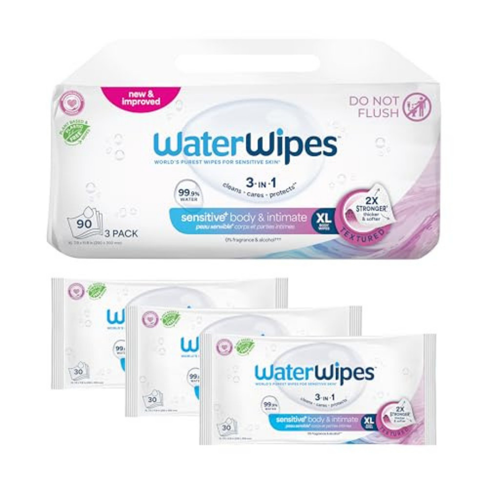 3 Pack WaterWipes for Adults – 90 Sensitive XL Wipes, 99.9% Water, Daily Use New