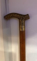 Vintage Wood & Solid Brass Derby Scroll Cane Walking Stick 35″ # 7196