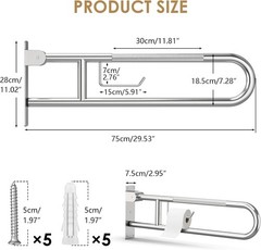Toilet Grab Bar Support Rail 29.5in Flip Up Stainless Steel Paper Holder Hand To
