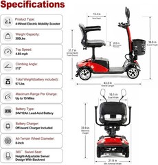 4 Wheel Mobility Scooter for Adults 350W Electric Travel Scooter 350 lbs Red
