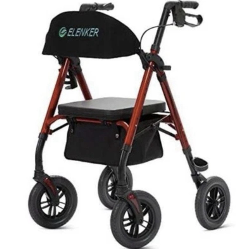 ELENKER All-Terrain Rollator Walker 10″ Non-Pneumatic Wheels Red