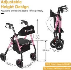 Adjustable Lightweight Rollator with Seat for Seniors – 3-Mode Braking System