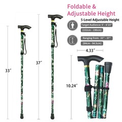 CLOKTA Folding Cane, 5-Level Adjustable Height 11×5.5×1 inch, Floral Green