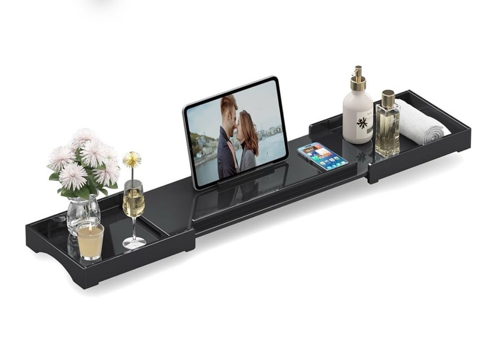Expandable Over The Tub Bath Caddy 23-42.5in Waterproof Bathtub Tray Black
