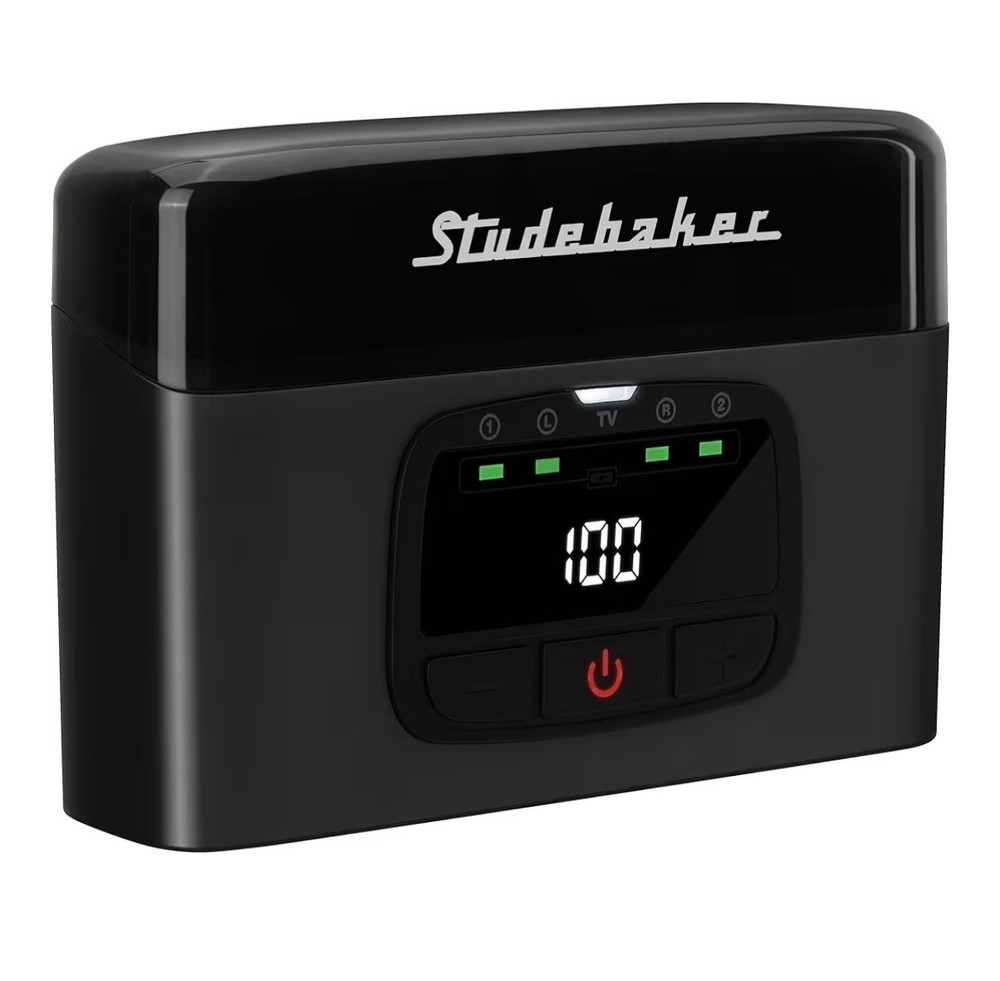 Studebaker AI Hearing System – 2 Clip-On Mics, 2 Earbuds, AI Processor, TV Base
