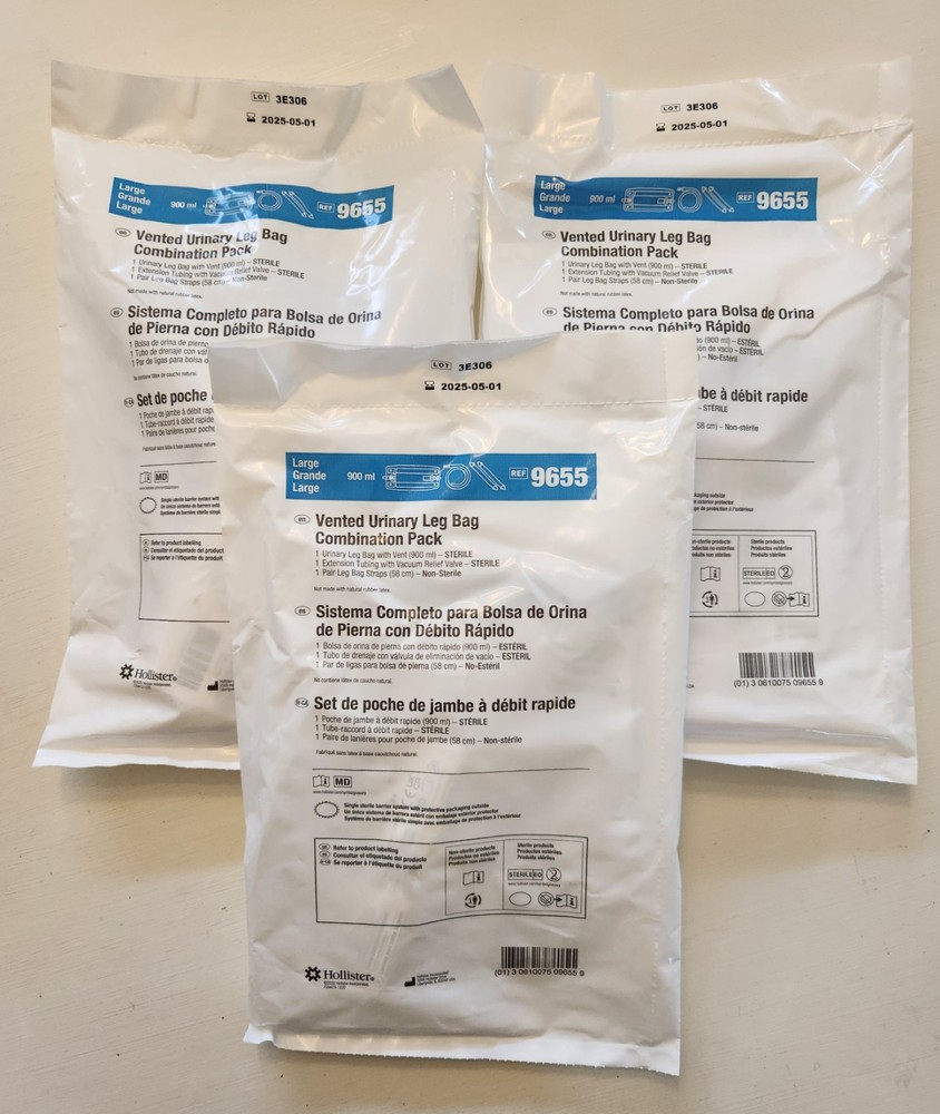 (3) Hollister 9655 VENTED URINARY LEG BAG Combo Pack LARGE 900 ml Exp. 2025