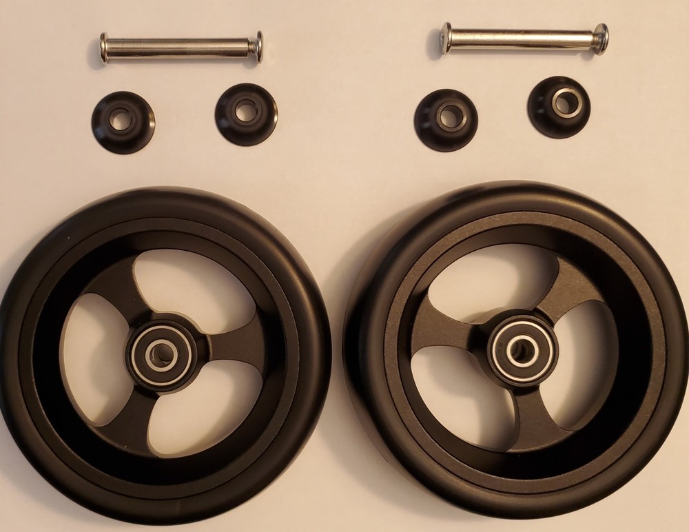 Pair (2) of 5″ Wheelchair Caster Wheels, (2) 5/16″ Axles, and (4) Cone Spacers