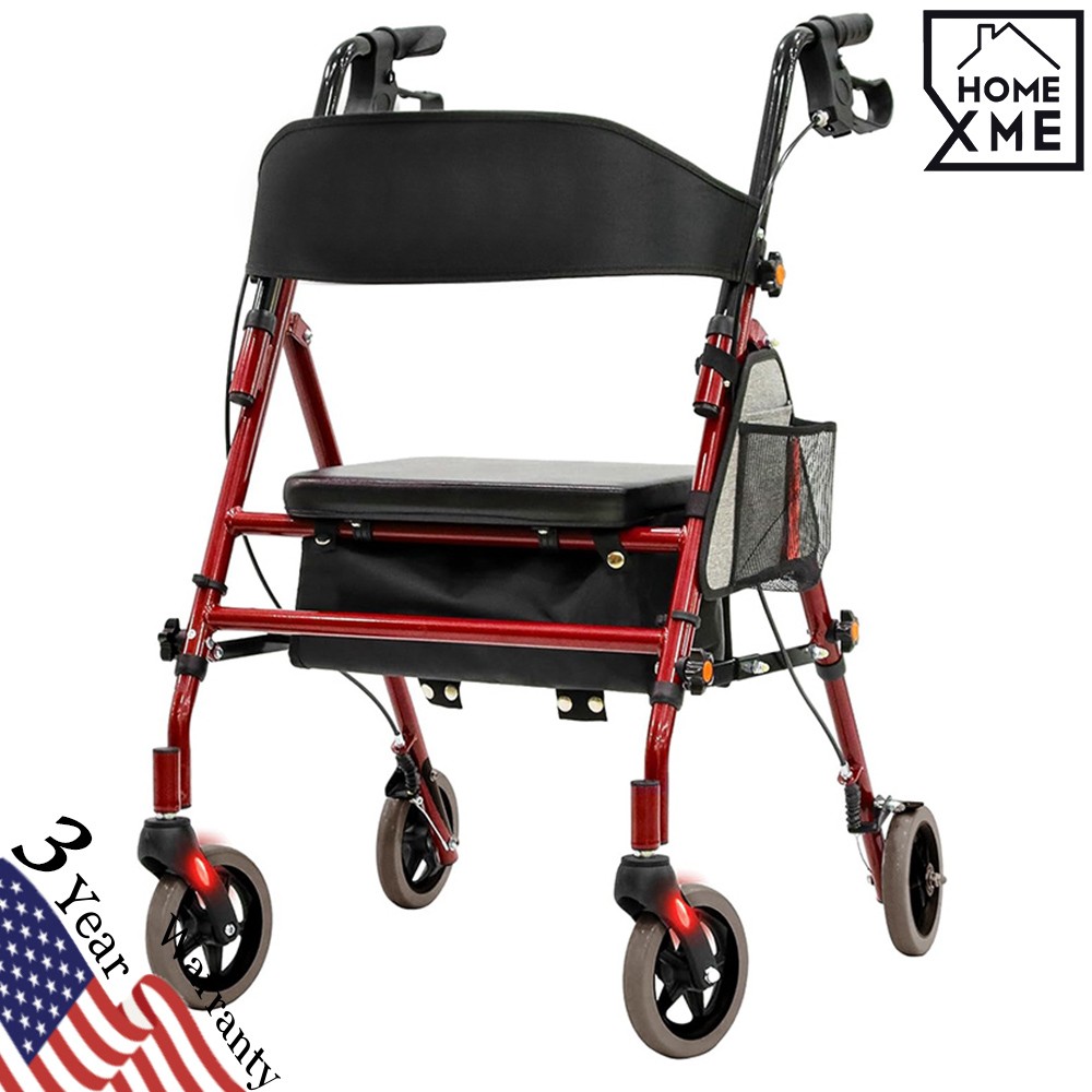Foldable Rollator Walker 350 lb Capacity w/ 19″ Seat & 6″ Wheel Rolling Walker