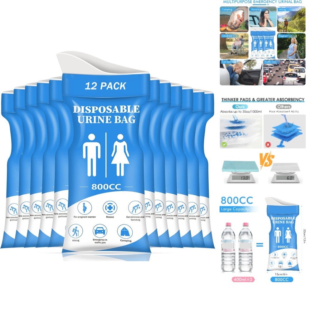 Disposable Urine Bags for Women/Men,12/24Pack for Travel, Camping, Trip-800ML