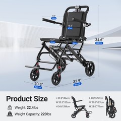 22lb Lightweight Foldable Transport Manual Wheelchair Hand Brake for Travel