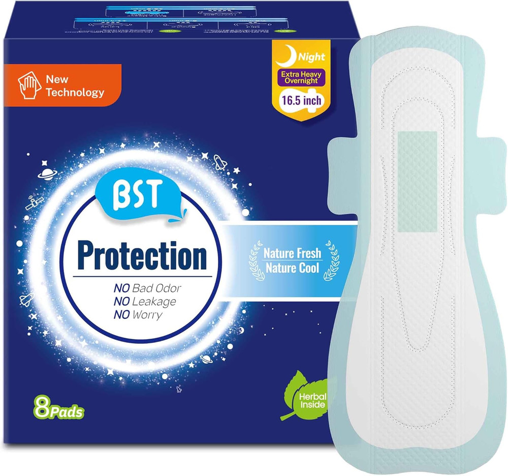 BST Mint Fresh Odor Control Extra Long Overnight Pads for Women | 16.5 Inch (8Pc