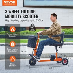 VEVOR Portable 3 Wheel Mobility Scooter for Seniors 12 Mile Range Max 330LBS
