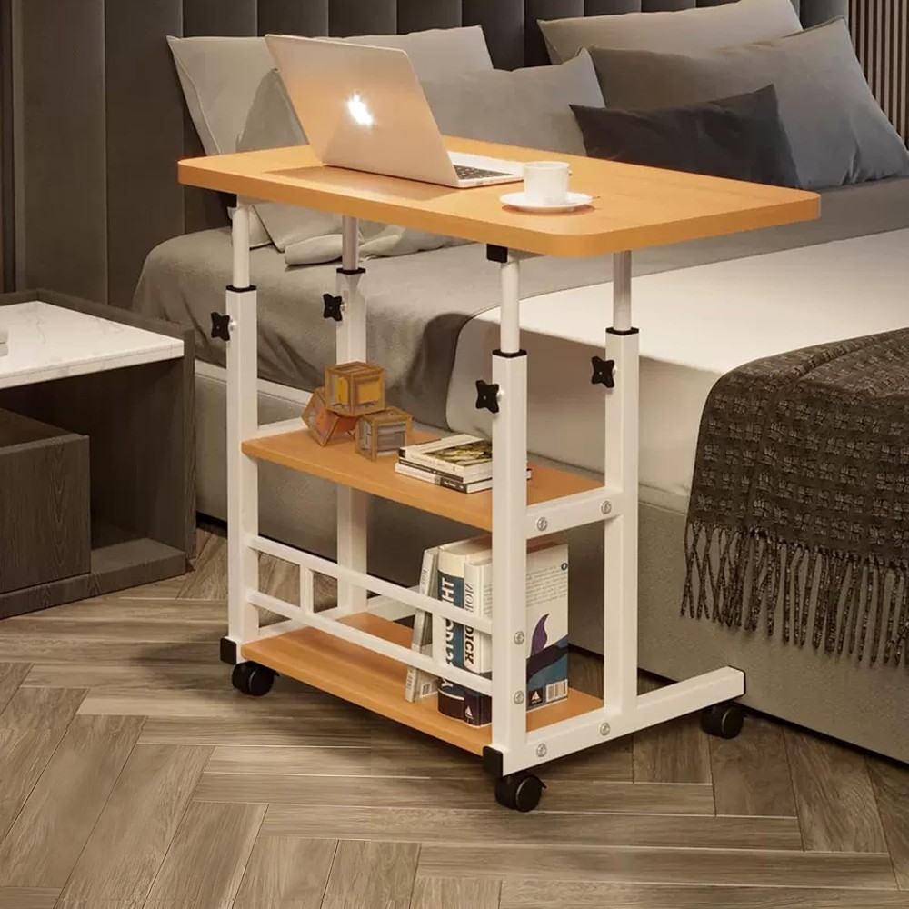 Medical Overbed Bedside Table W/ Two Shelves & Wheels Hospital & Home Use