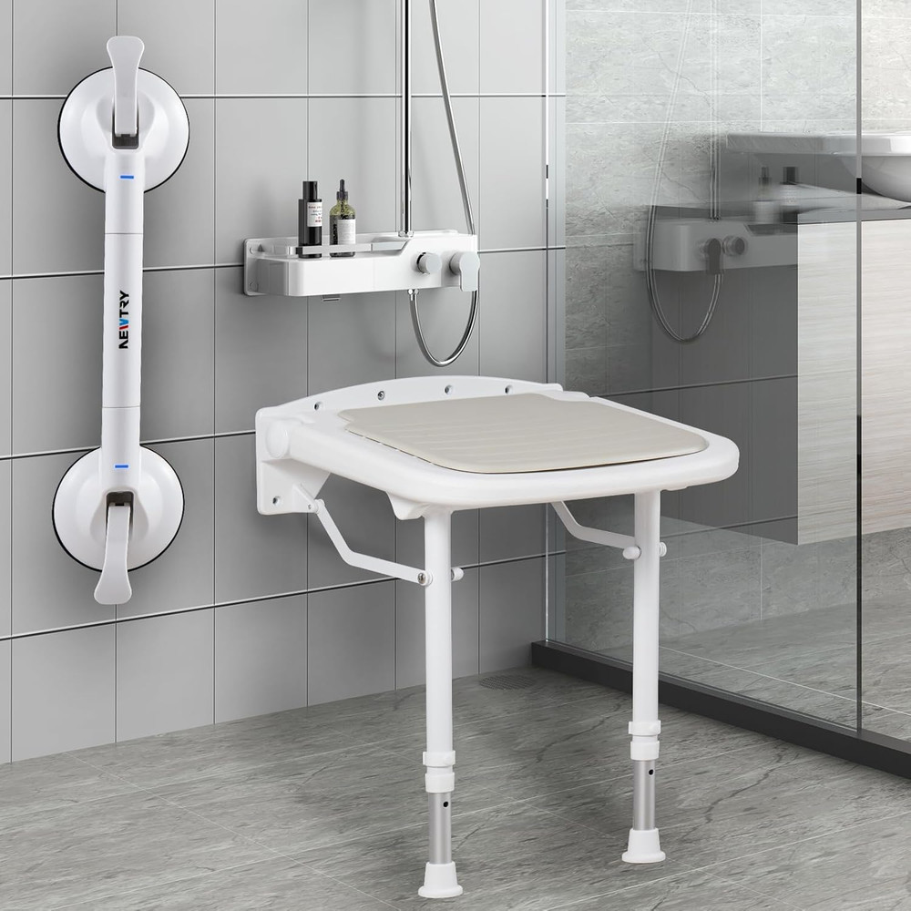 15″ Folding Shower Seat with Grab Bar, 550Lb Capacity, Adjustable Height