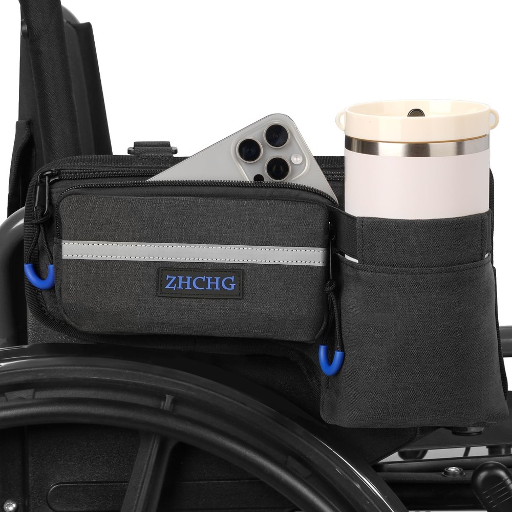 Upgraded Wheelchair Side Bag with Cup Holder, Wheelchair Armrest Pouch for Wa
