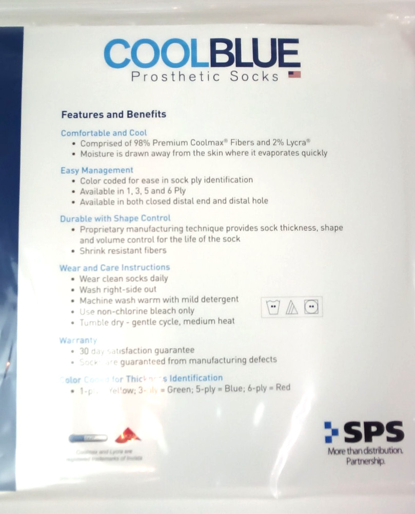 Cool Blue 3 Ply Prosthetic Sock w/ Hole SZ 1, 2 Length 16 – 20 Model CB3HMRG2