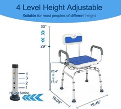 360 ° Swivel Shower Chair with Padded Armrests and Backrest Adjustable Height