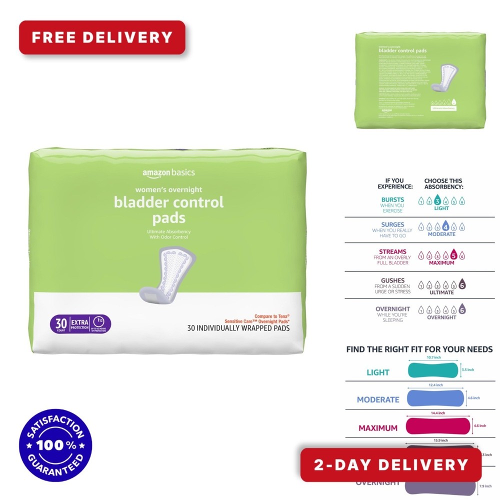 Amazon Basics Overnight Bladder Control Pads, 30 Count (1 Pack of 30)