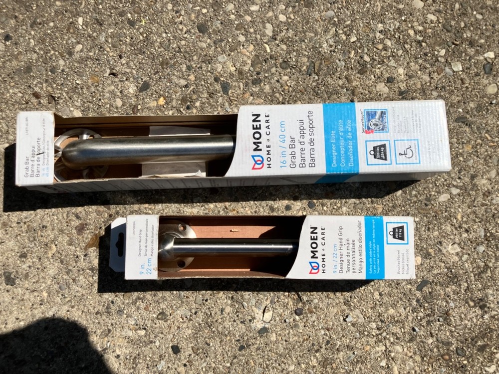 moen 16in grab bar and 9in designer hand grip. Brushed nickel