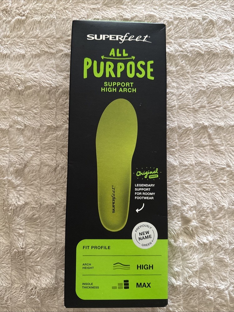 Superfeet Green All-Purpose Support High Arch Insoles D, M 9.5-11, W 10.5-12 NEW