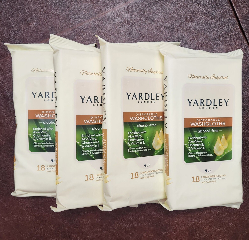 4 Yardley of London 18 Large Disposable Washcloths/Wipes Aloe Chamomile
