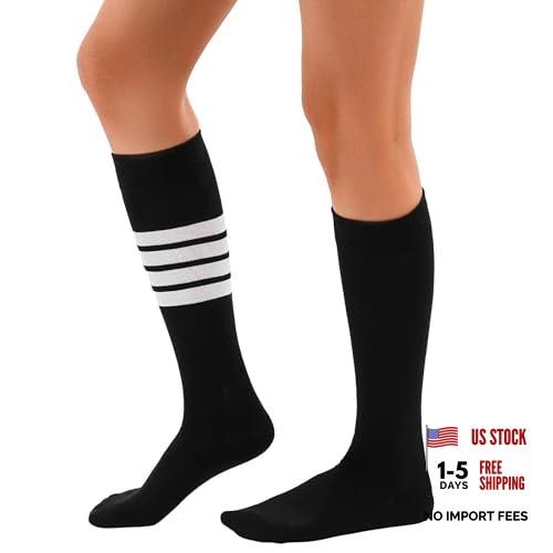 Women’s Knee High Socks Athletic Thigh High Stripe Stockings Tube 7-9 Black