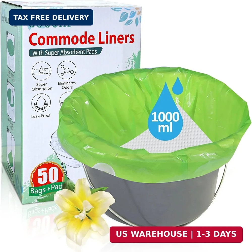 50 Pack Commode Liners with Absorbent Pads Disposable Toilet Chair Bucket Bags
