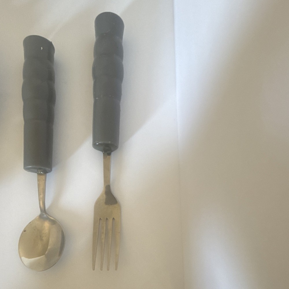 Ergonomic Grip Spoon and Fork Set Gray Plastic Stainless Steel Handles
