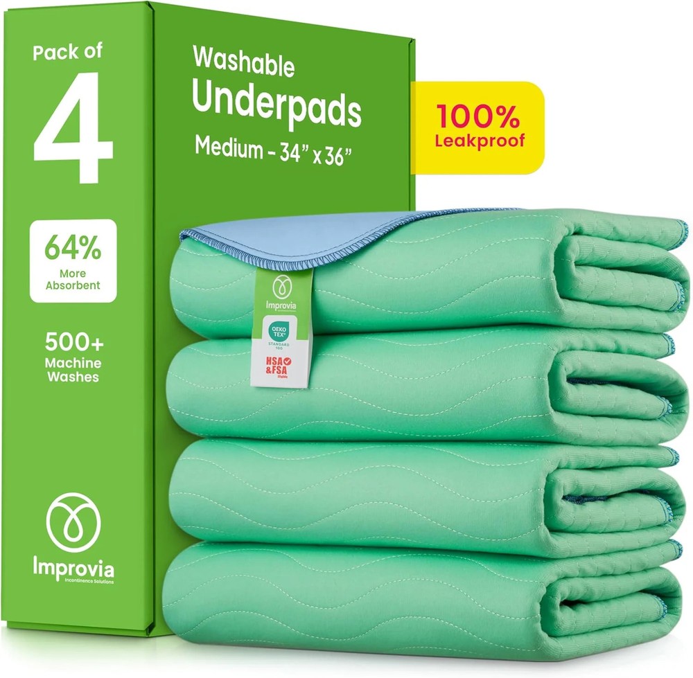 IMPROVIA® Washable Underpads, 34″ x 36″ (Pack of 4) – Heavy Absorbency Reusable