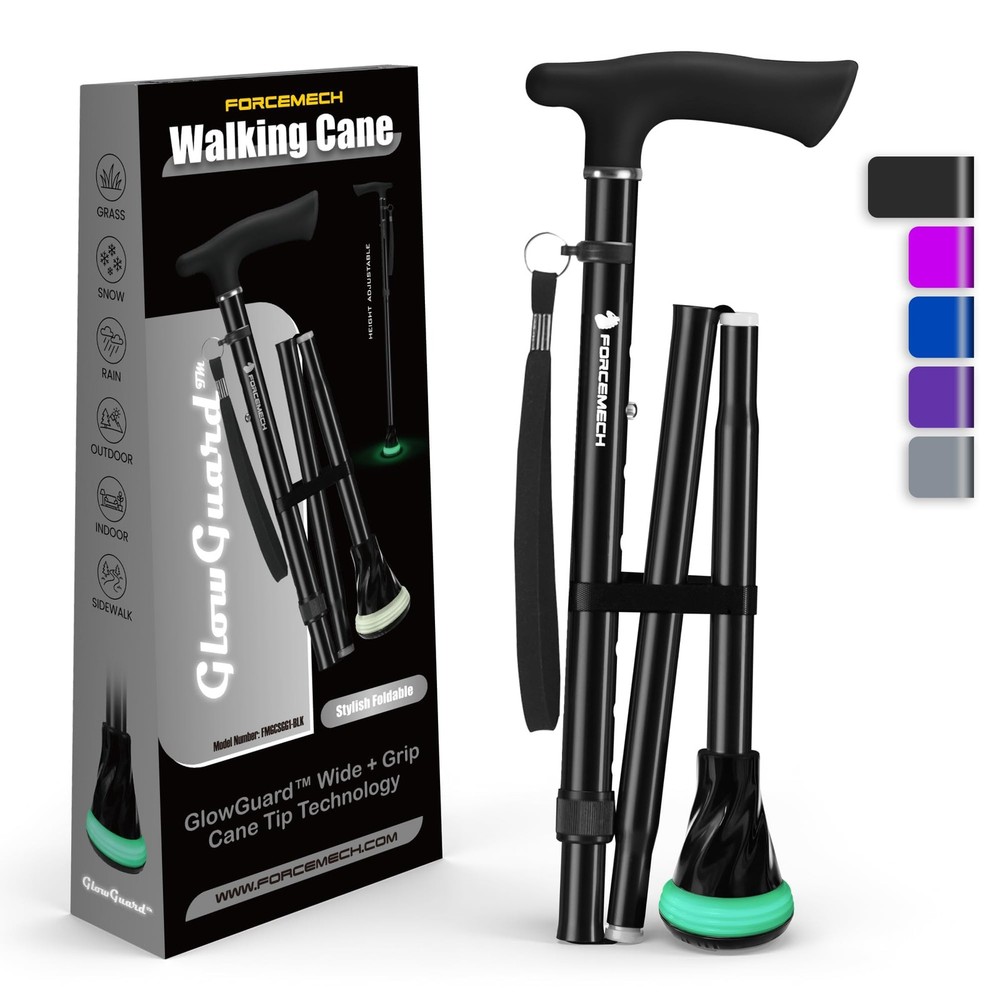 Foldable Walking Cane 350 Lbs Load Adjustable Height – Glow-in-the-Dark Tip