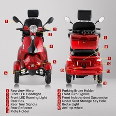 4-Wheel Heavy Duty Electric Mobility Scooter 800W for Senior & Adult 500lbs Red