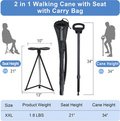 Walking Cane with Seat Support Aluminum Portable Stool for Seniors Adults Travel