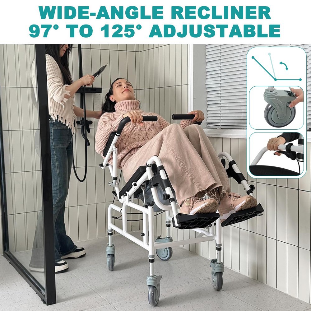 Irtme 4-in-1 Folding Shower Commode Chair Transport w/ Reclining Backrest 300Lbs