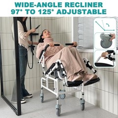 Irtme 4-in-1 Folding Shower Commode Chair Transport w/ Reclining Backrest 300Lbs