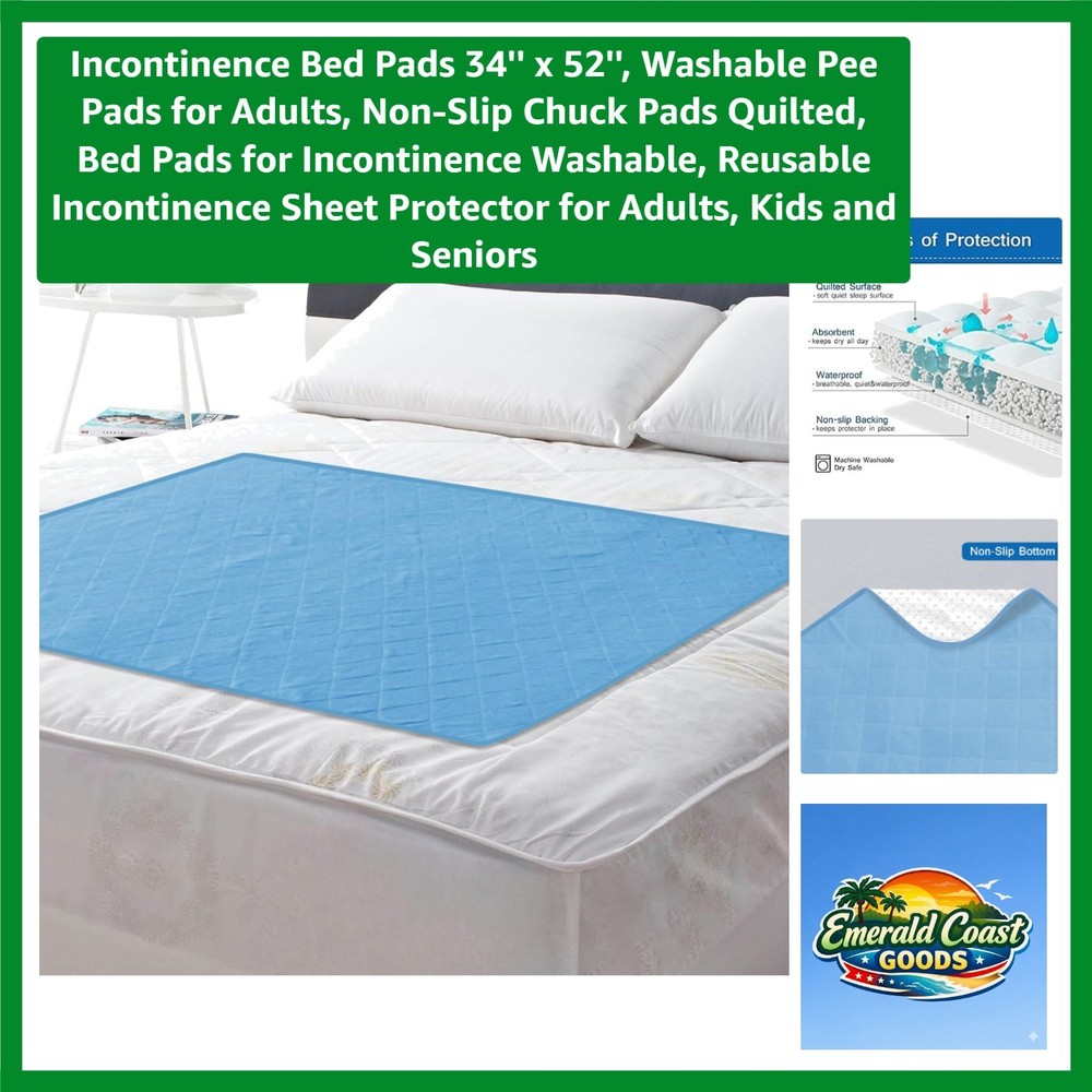 Incontinence Bed Pads 34“ x 52“, Washable Pee Pads for Adults, Non-Slip Chu…
