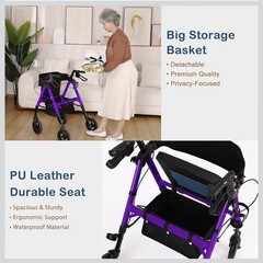 AKOASM Foldable 4-Wheel Rollator Walker Seat Backrest Handbrakes 300lb Purple