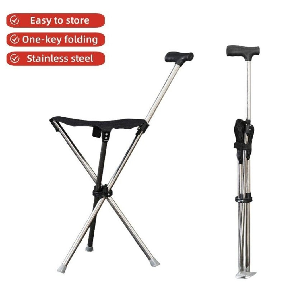 Portable Stainless Steel Folding Walking Cane with Seat Comfortable Soft Handle