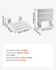 VEVOR Foldable Shower Seat Wall Mounted Folding PP Shower Bench 220LBS Loading
