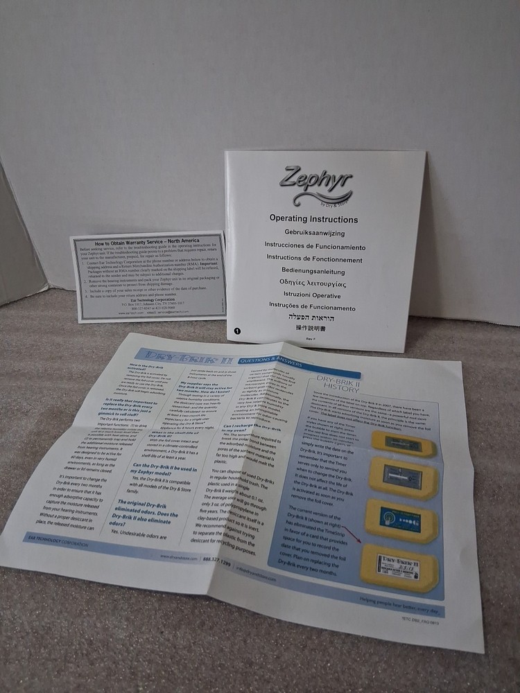 Operating Instructions Manual For Only Dry & Store Zephyr Hearing Aid Dryer